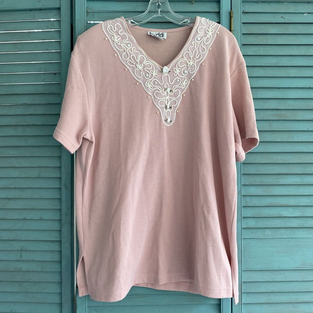 Teddi Woman Knit Blouse Shirt ~ Sz L ~ Pink ~ Short Sleeve